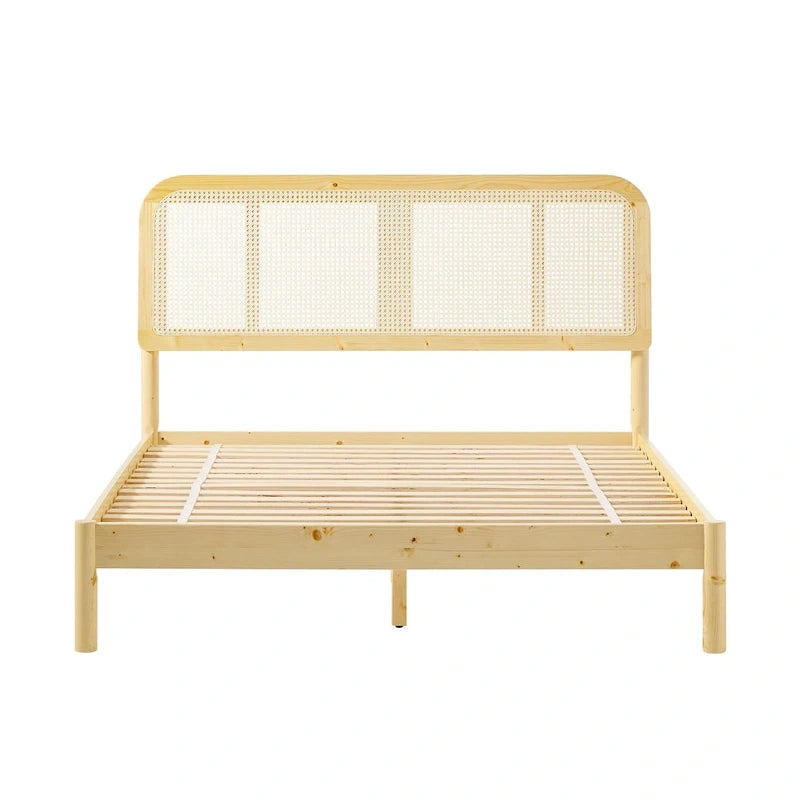Cadre de lit Queen en rotin incurvé noir/naturel style bohème pour 2 personnes