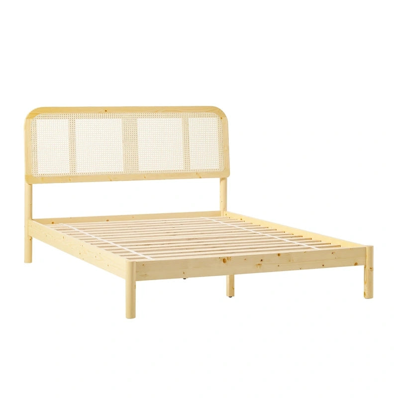 Cadre de lit Queen en rotin incurvé noir/naturel style bohème pour 2 personnes