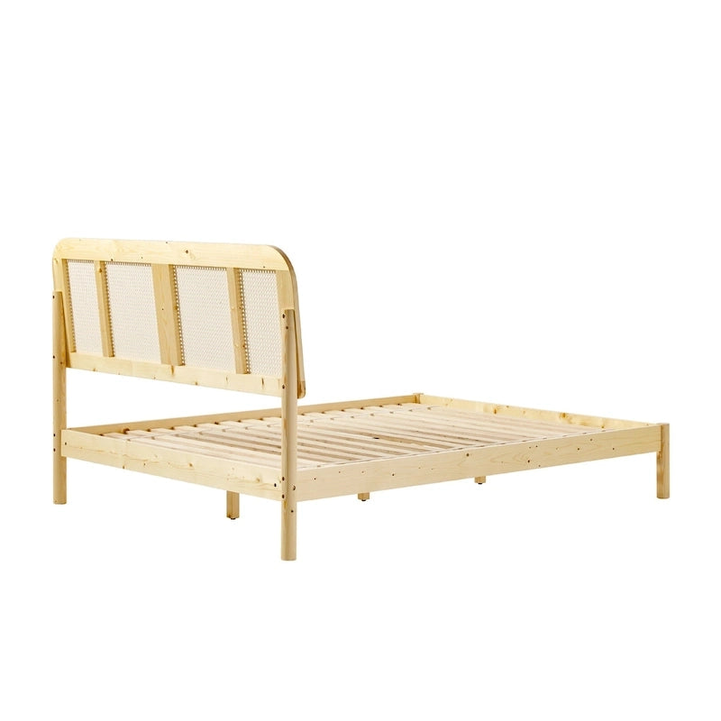 Cadre de lit Queen en rotin incurvé noir/naturel style bohème pour 2 personnes