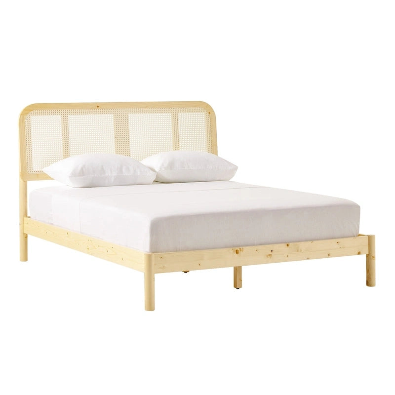 Cadre de lit Queen en rotin incurvé noir/naturel style bohème pour 2 personnes