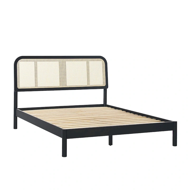 Cadre de lit Queen en rotin incurvé noir/naturel style bohème pour 2 personnes