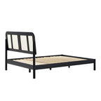 Cadre de lit Queen en rotin incurvé noir/naturel style bohème pour 2 personnes