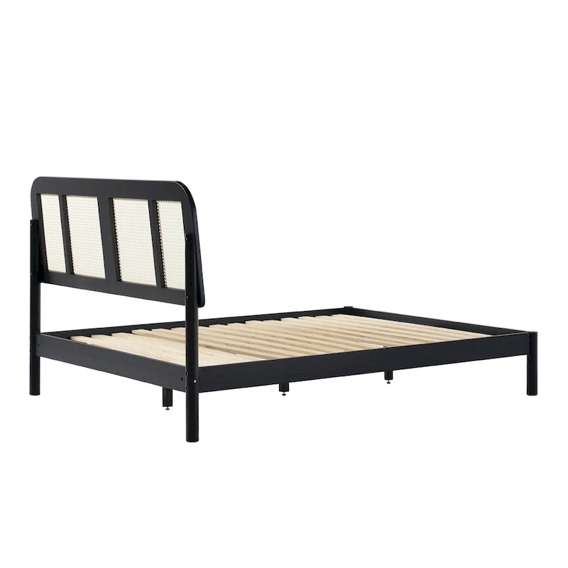 Cadre de lit Queen en rotin incurvé noir/naturel style bohème pour 2 personnes