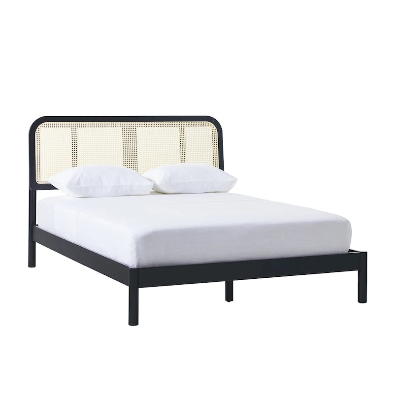 Cadre de lit Queen en rotin incurvé noir/naturel style bohème pour 2 personnes