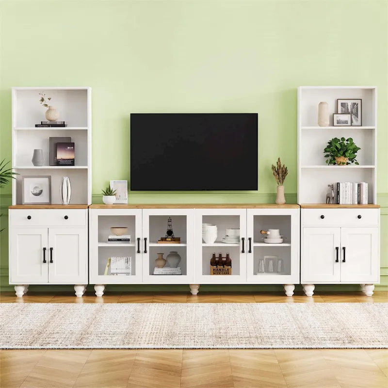 Blanc+Naturel / Noir, Meuble TV 3 pièces avec portes vitrées et étagères réglables, Assemblage par 2 personnes