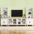 Blanc+Naturel / Noir, Meuble TV 3 pièces avec portes vitrées et étagères réglables, Assemblage par 2 personnes
