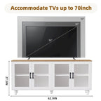 Blanc+Naturel / Noir, Meuble TV 3 pièces avec portes vitrées et étagères réglables, Assemblage par 2 personnes