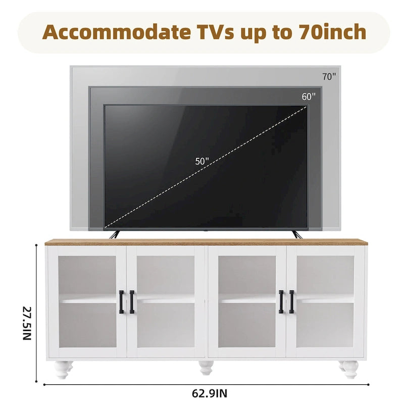 Blanc+Naturel / Noir, Meuble TV 3 pièces avec portes vitrées et étagères réglables, Assemblage par 2 personnes
