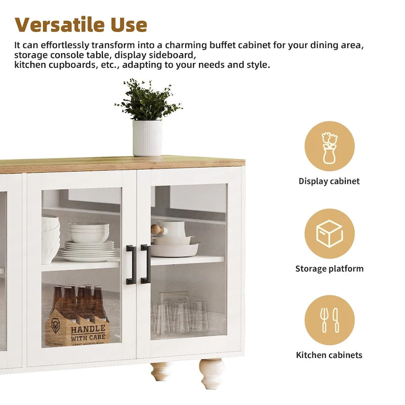 Blanc+Naturel / Noir, Meuble TV 3 pièces avec portes vitrées et étagères réglables, Assemblage par 2 personnes