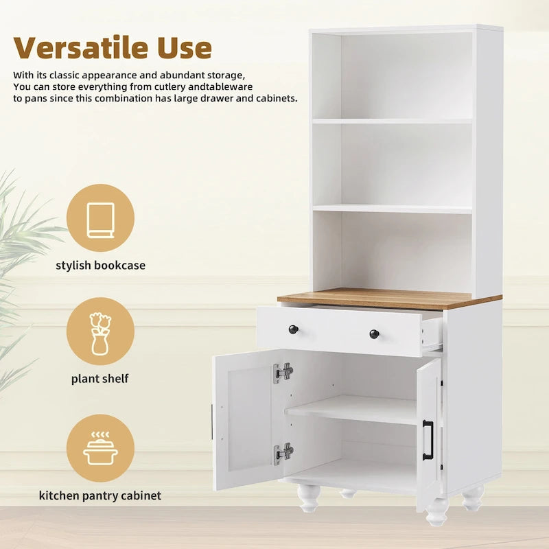 Blanc+Naturel / Noir, Meuble TV 3 pièces avec portes vitrées et étagères réglables, Assemblage par 2 personnes