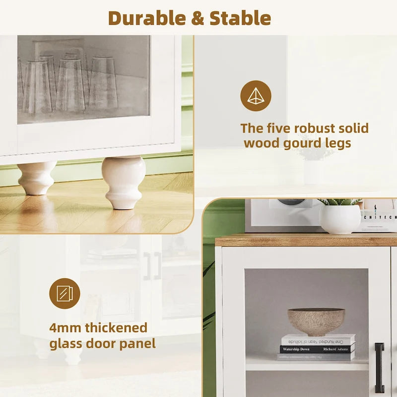 Blanc+Naturel / Noir, Meuble TV 3 pièces avec portes vitrées et étagères réglables, Assemblage par 2 personnes