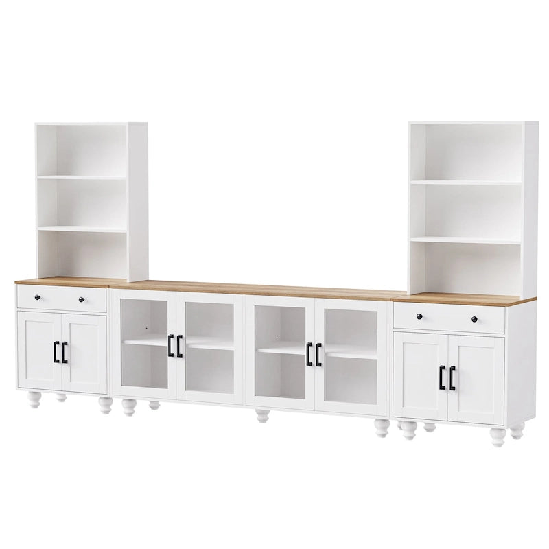 Blanc+Naturel / Noir, Meuble TV 3 pièces avec portes vitrées et étagères réglables, Assemblage par 2 personnes