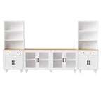 Blanc+Naturel / Noir, Meuble TV 3 pièces avec portes vitrées et étagères réglables, Assemblage par 2 personnes