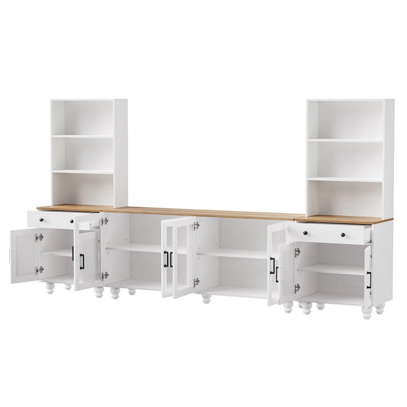 Blanc+Naturel / Noir, Meuble TV 3 pièces avec portes vitrées et étagères réglables, Assemblage par 2 personnes