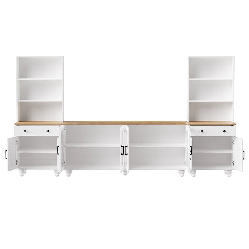 Blanc+Naturel / Noir, Meuble TV 3 pièces avec portes vitrées et étagères réglables, Assemblage par 2 personnes