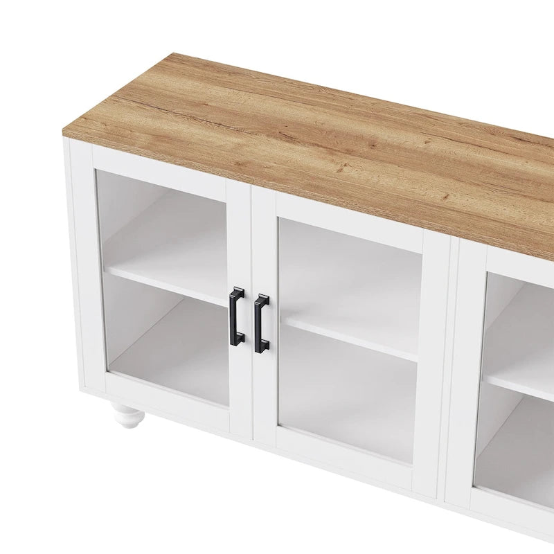 Blanc+Naturel / Noir, Meuble TV 3 pièces avec portes vitrées et étagères réglables, Assemblage par 2 personnes