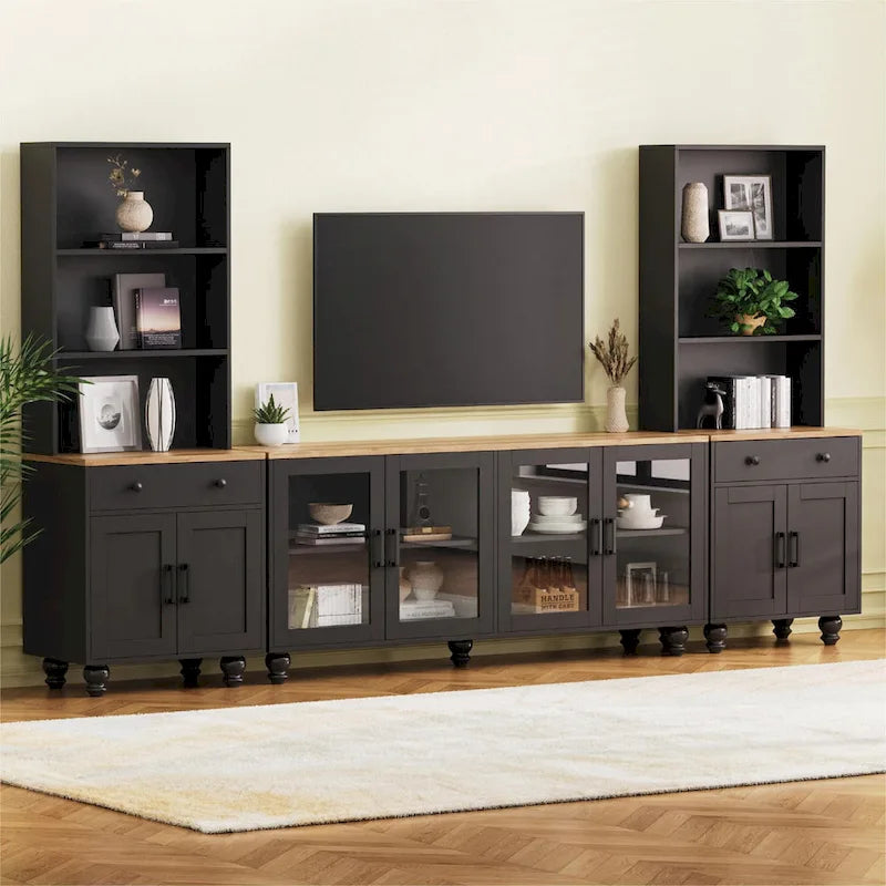 Blanc+Naturel / Noir, Meuble TV 3 pièces avec portes vitrées et étagères réglables, Assemblage par 2 personnes