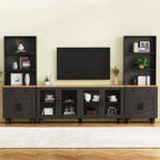 Blanc+Naturel / Noir, Meuble TV 3 pièces avec portes vitrées et étagères réglables, Assemblage par 2 personnes