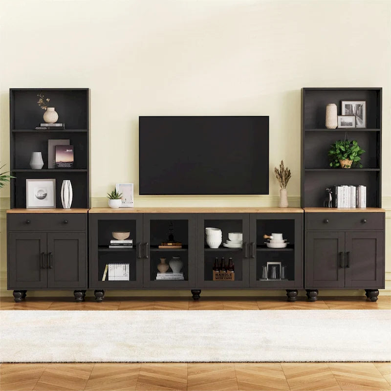 Blanc+Naturel / Noir, Meuble TV 3 pièces avec portes vitrées et étagères réglables, Assemblage par 2 personnes