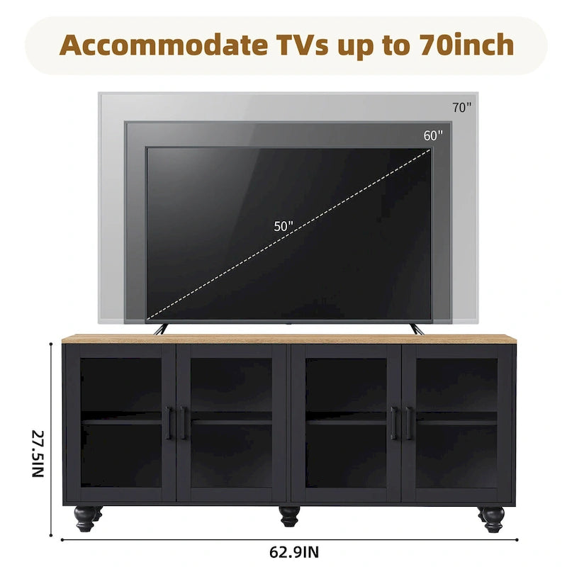 Blanc+Naturel / Noir, Meuble TV 3 pièces avec portes vitrées et étagères réglables, Assemblage par 2 personnes