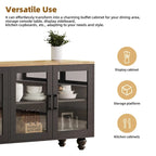 Blanc+Naturel / Noir, Meuble TV 3 pièces avec portes vitrées et étagères réglables, Assemblage par 2 personnes