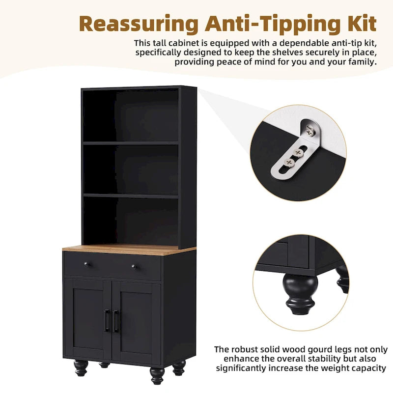 Blanc+Naturel / Noir, Meuble TV 3 pièces avec portes vitrées et étagères réglables, Assemblage par 2 personnes