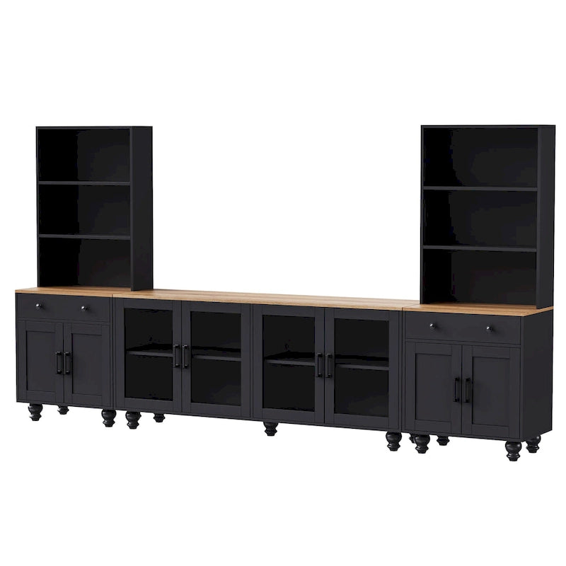 Blanc+Naturel / Noir, Meuble TV 3 pièces avec portes vitrées et étagères réglables, Assemblage par 2 personnes