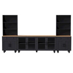 Blanc+Naturel / Noir, Meuble TV 3 pièces avec portes vitrées et étagères réglables, Assemblage par 2 personnes
