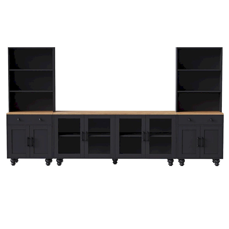 Blanc+Naturel / Noir, Meuble TV 3 pièces avec portes vitrées et étagères réglables, Assemblage par 2 personnes