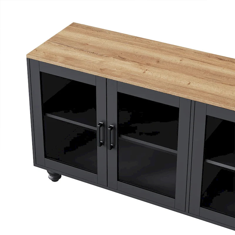 Blanc+Naturel / Noir, Meuble TV 3 pièces avec portes vitrées et étagères réglables, Assemblage par 2 personnes