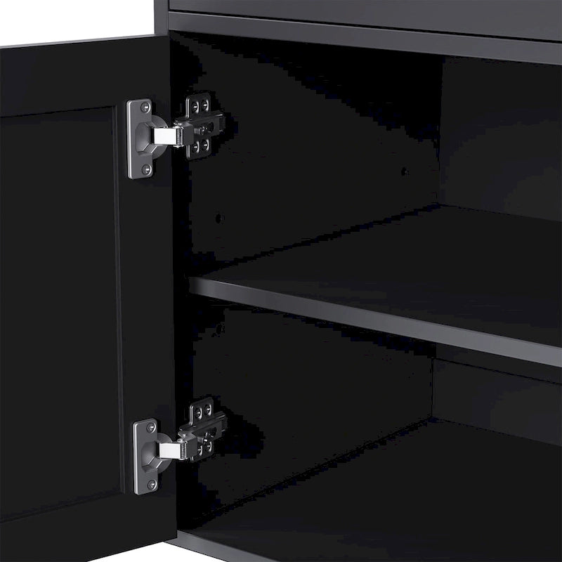 Blanc+Naturel / Noir, Meuble TV 3 pièces avec portes vitrées et étagères réglables, Assemblage par 2 personnes