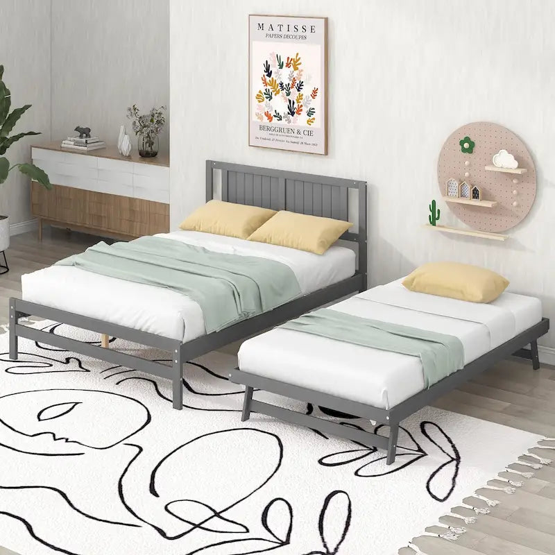 Lit plateforme double gris avec lit gigogne réglable, 1-2 personnes