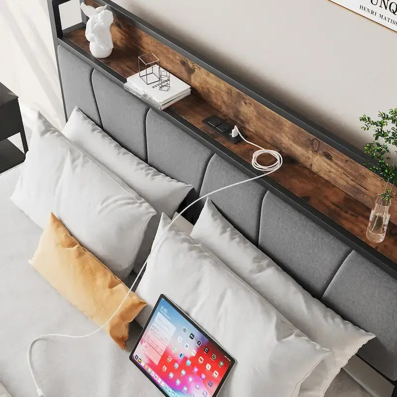 Lit plateforme noir pleine grandeur avec 2 tiroirs et tête de lit avec station de recharge, 1-2 personnes