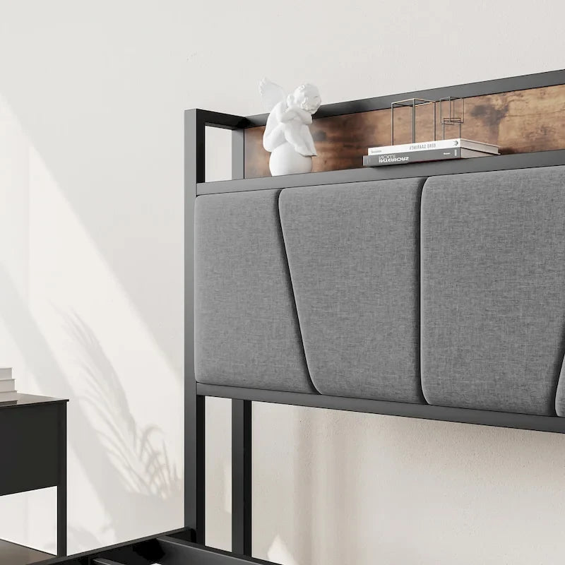 Lit plateforme noir pleine grandeur avec 2 tiroirs et tête de lit avec station de recharge, 1-2 personnes