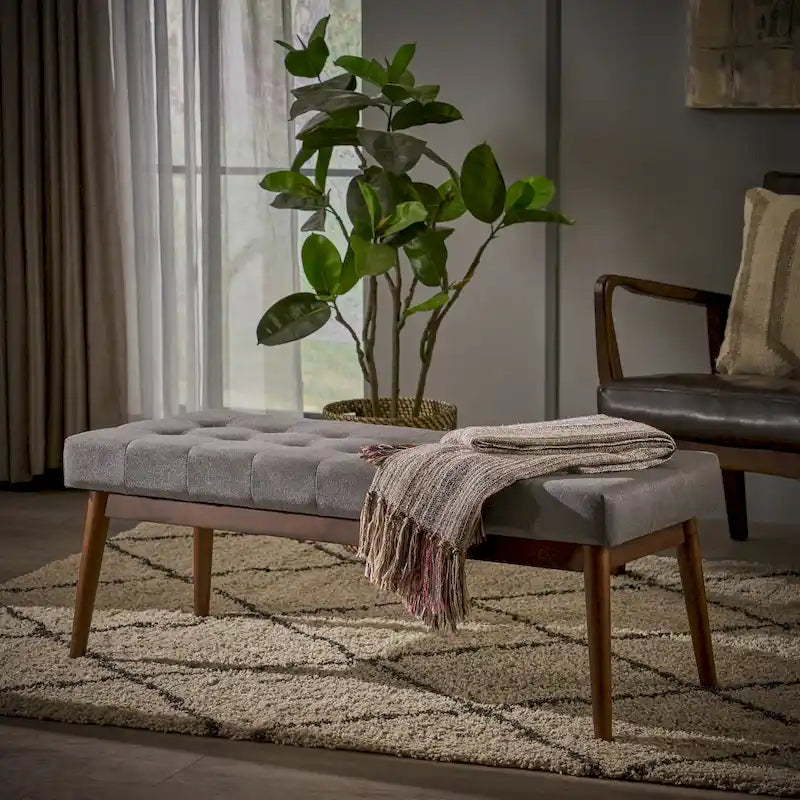 Banc ottoman en tissu capitonné gris/corail/bleu, une place