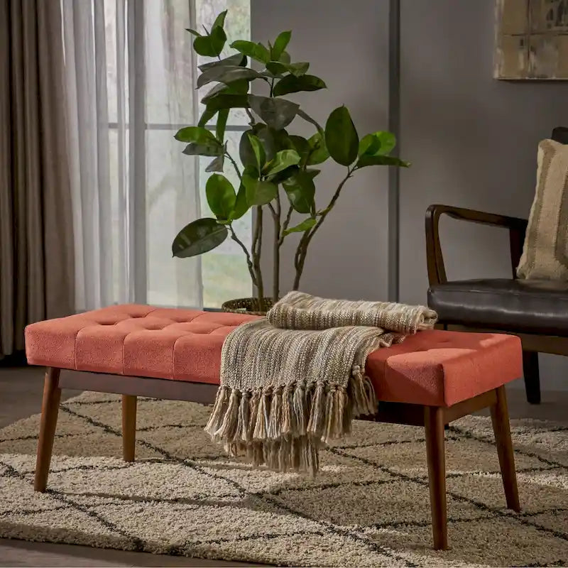 Banc ottoman en tissu capitonné gris/corail/bleu, une place