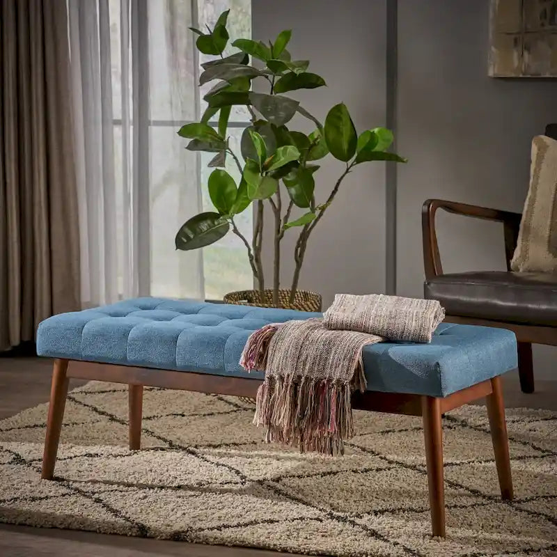 Banc ottoman en tissu capitonné gris/corail/bleu, une place