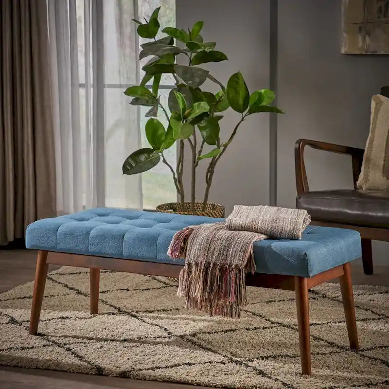 Banc ottoman en tissu capitonné gris/corail/bleu, une place