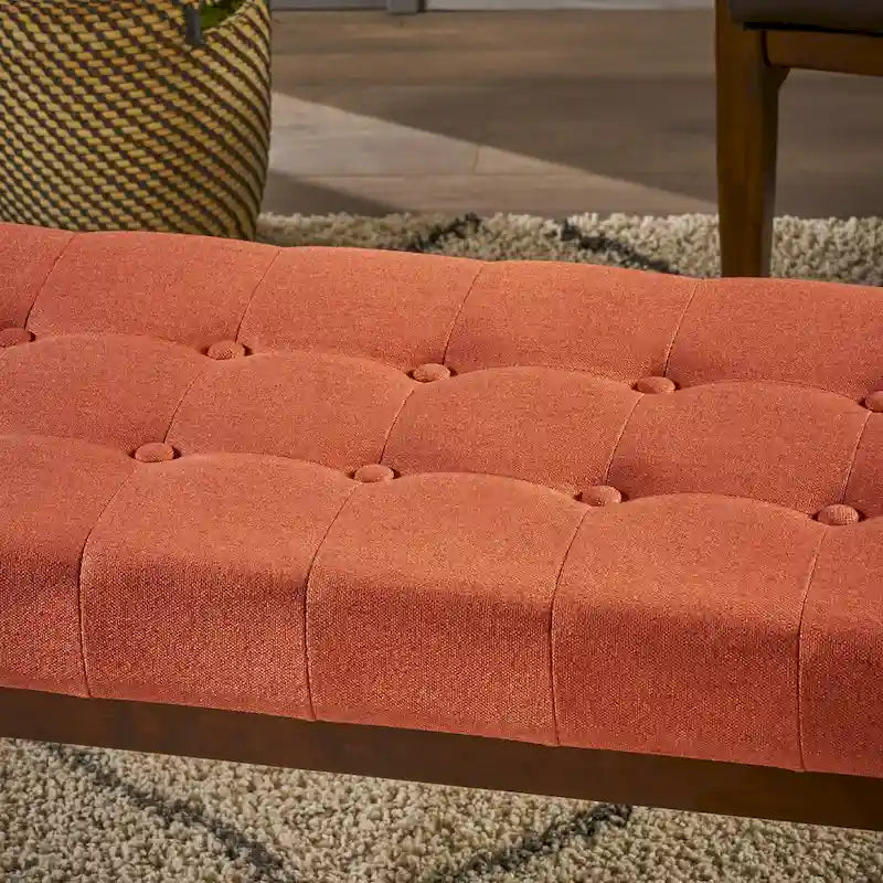 Banc ottoman en tissu capitonné gris/corail/bleu, une place