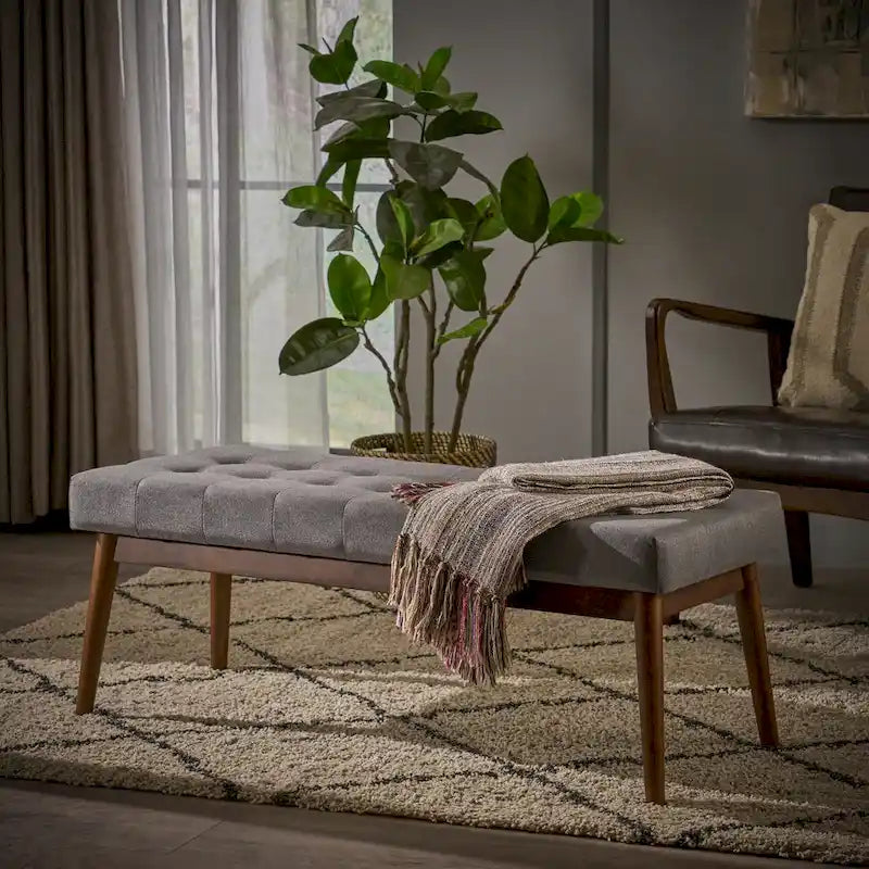 Banc ottoman en tissu capitonné gris/corail/bleu, une place