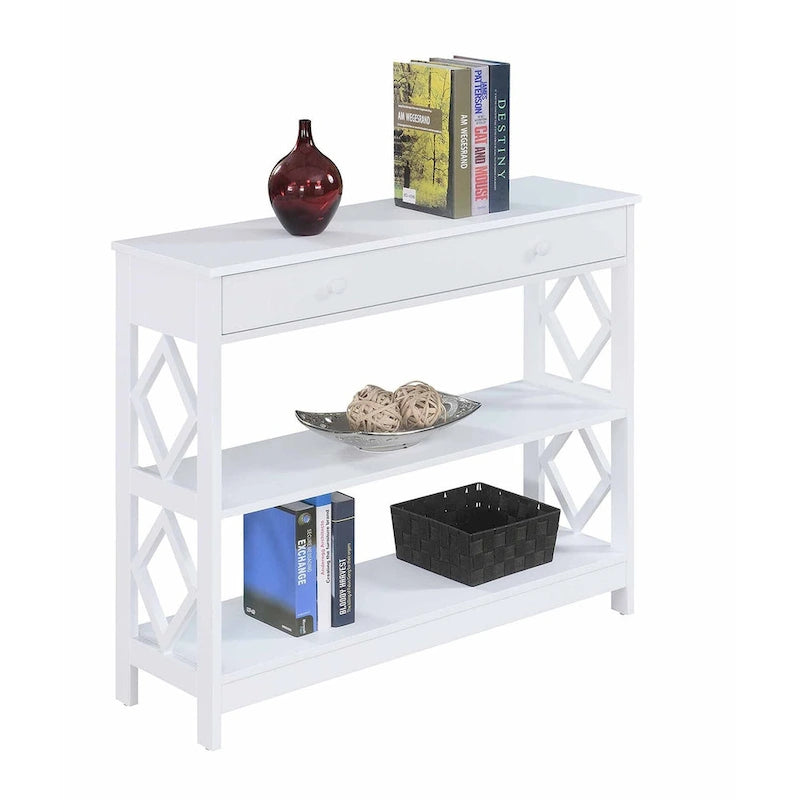 Console diamantée blanche / noire / grise avec tiroir et étagères, assemblage par 1 personne