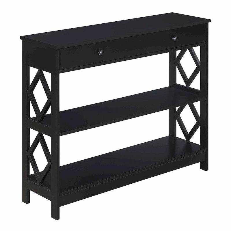 Console diamantée blanche / noire / grise avec tiroir et étagères, assemblage par 1 personne