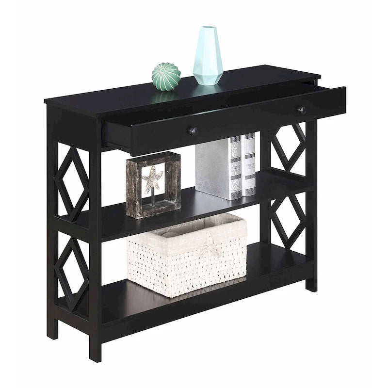 Console diamantée blanche / noire / grise avec tiroir et étagères, assemblage par 1 personne