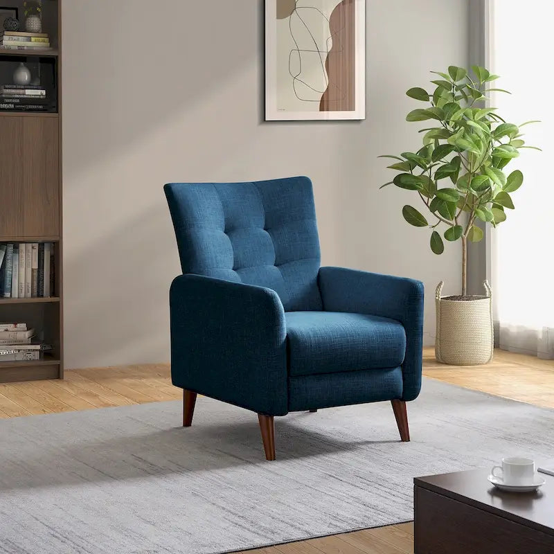 Fauteuil inclinable manuel, deux positions, pieds en bois, gris / bleu marine / ivoire / moutarde / bleu, 1 place