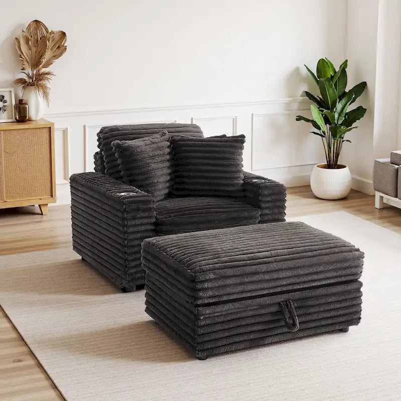 Chaise longue en flanelle beige / gris foncé / chocolat avec pouf de rangement – Individuel
