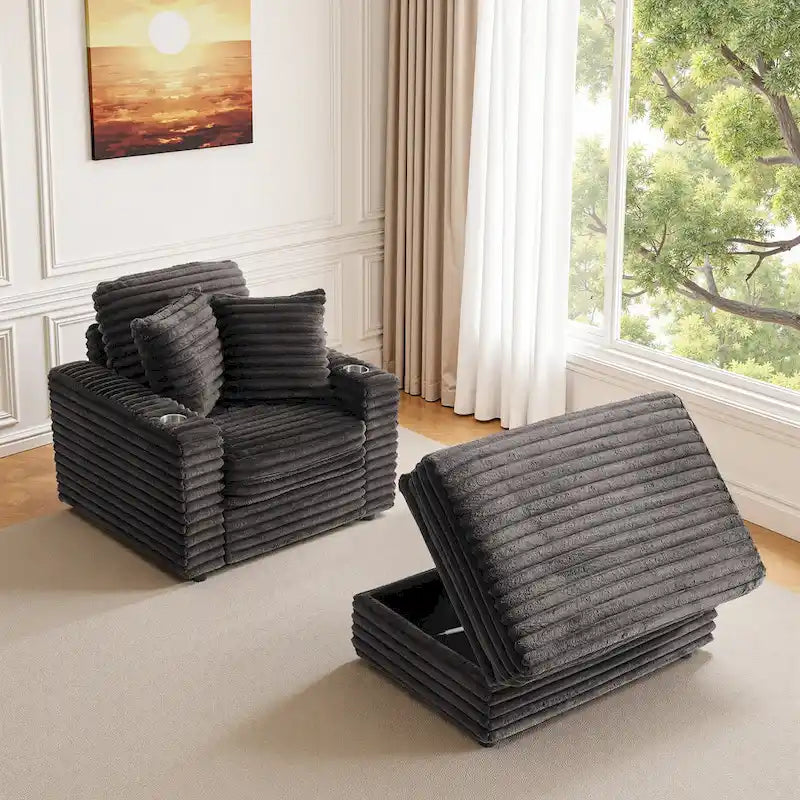 Chaise longue en flanelle beige / gris foncé / chocolat avec pouf de rangement – Individuel