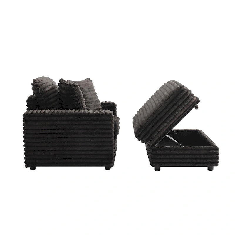 Chaise longue en flanelle beige / gris foncé / chocolat avec pouf de rangement – Individuel