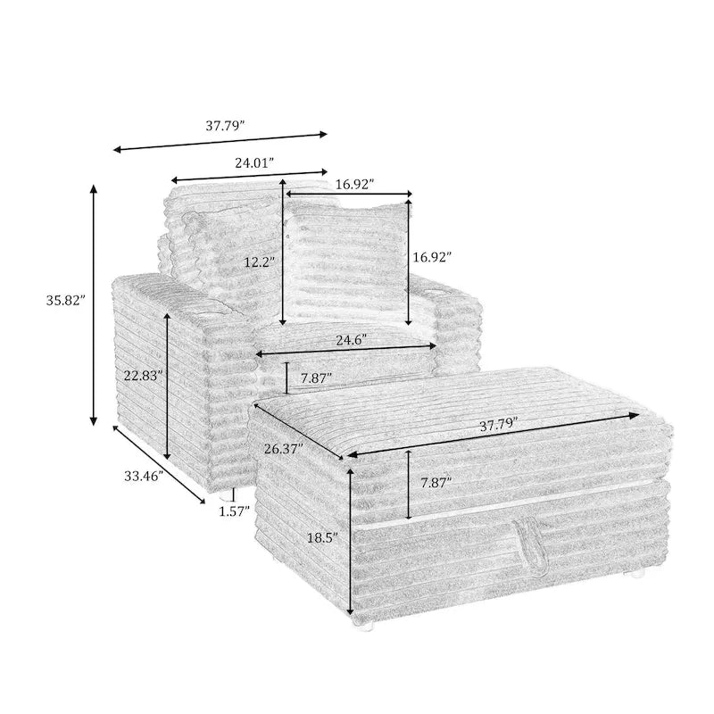 Chaise longue en flanelle beige / gris foncé / chocolat avec pouf de rangement – Individuel
