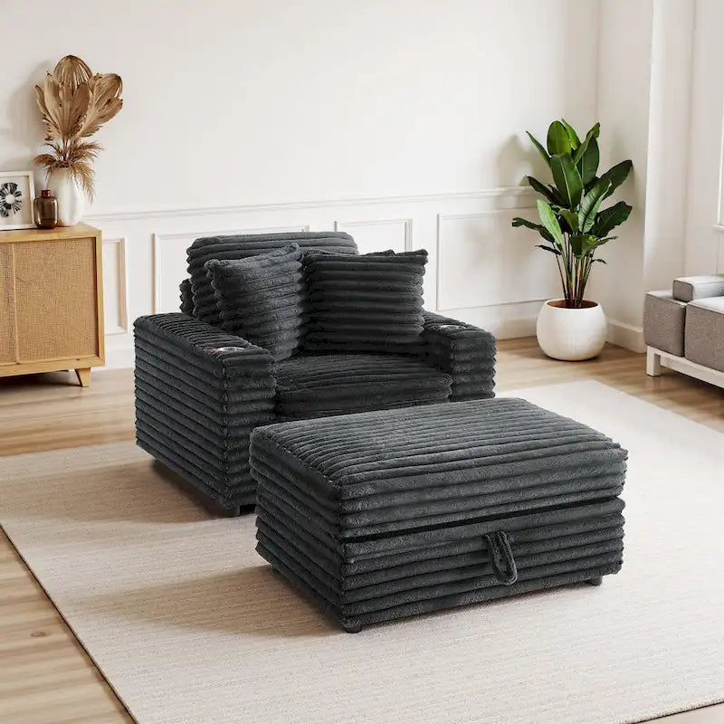 Chaise longue en flanelle beige / gris foncé / chocolat avec pouf de rangement – Individuel