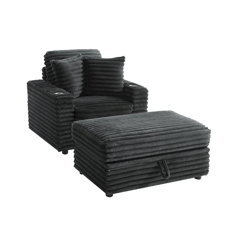 Chaise longue en flanelle beige / gris foncé / chocolat avec pouf de rangement – Individuel